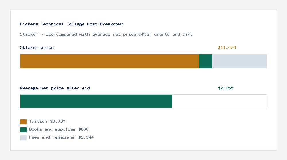 Pickens Technical College cost of attendance breakdown - $8,330 tuition vs $7,055 average net price after financial aid