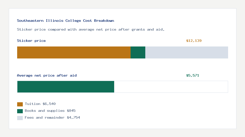Southeastern Illinois College cost of attendance breakdown - $6,540 tuition vs $5,571 average net price after financial aid