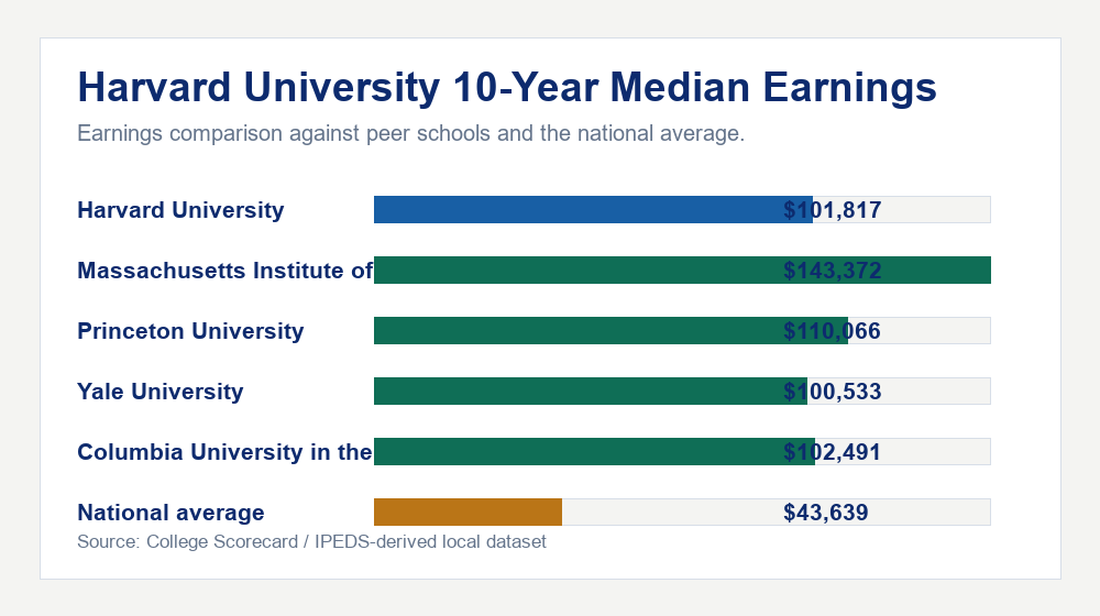 Harvard University earnings comparison bar chart - $101,817 median 10-year earnings compared with peer schools and the national average